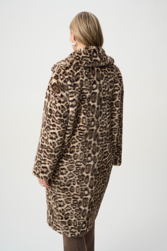 Back view leopard print faux fur coat with notched collar and long sleeves
