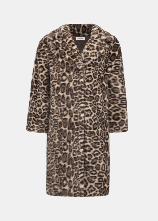 Beige leopard print faux fur coat front view with notched collar and button closure