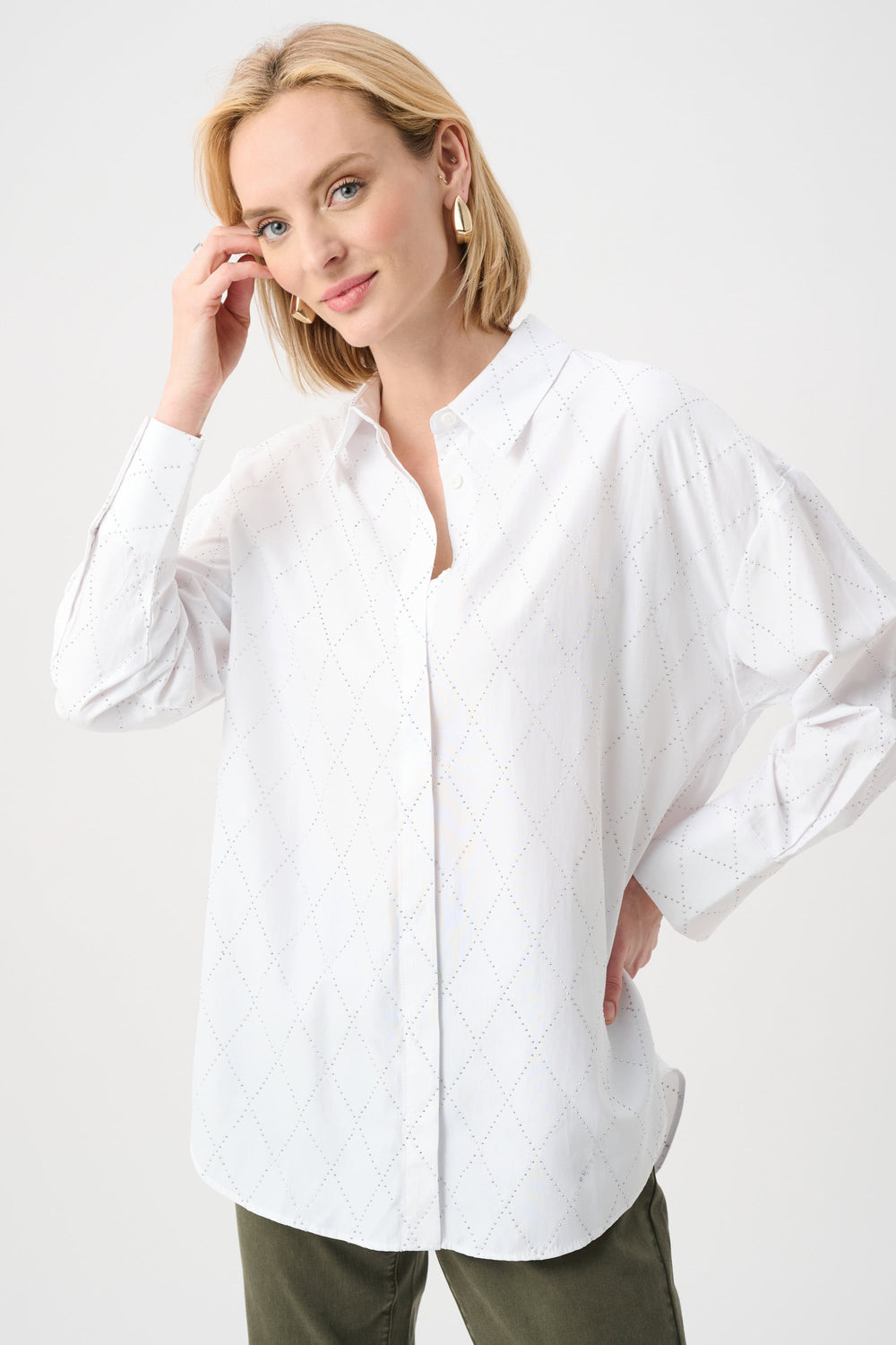 Vanilla boxy Tencel blouse with stand collar and diamond rhinestone dot pattern