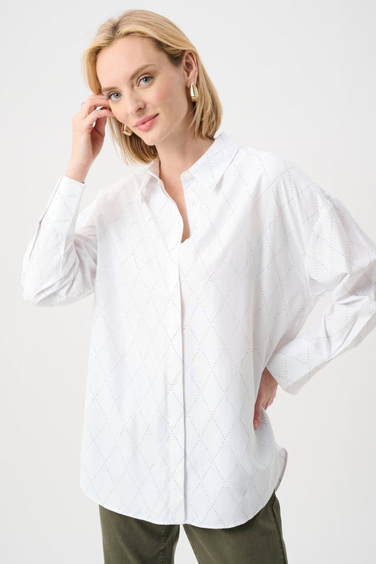 Vanilla boxy Tencel blouse with stand collar and diamond rhinestone dot pattern