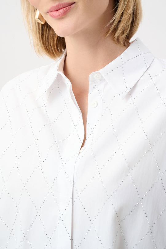 Vanilla boxy Tencel blouse neckline with stand collar and diamond rhinestone dot detail