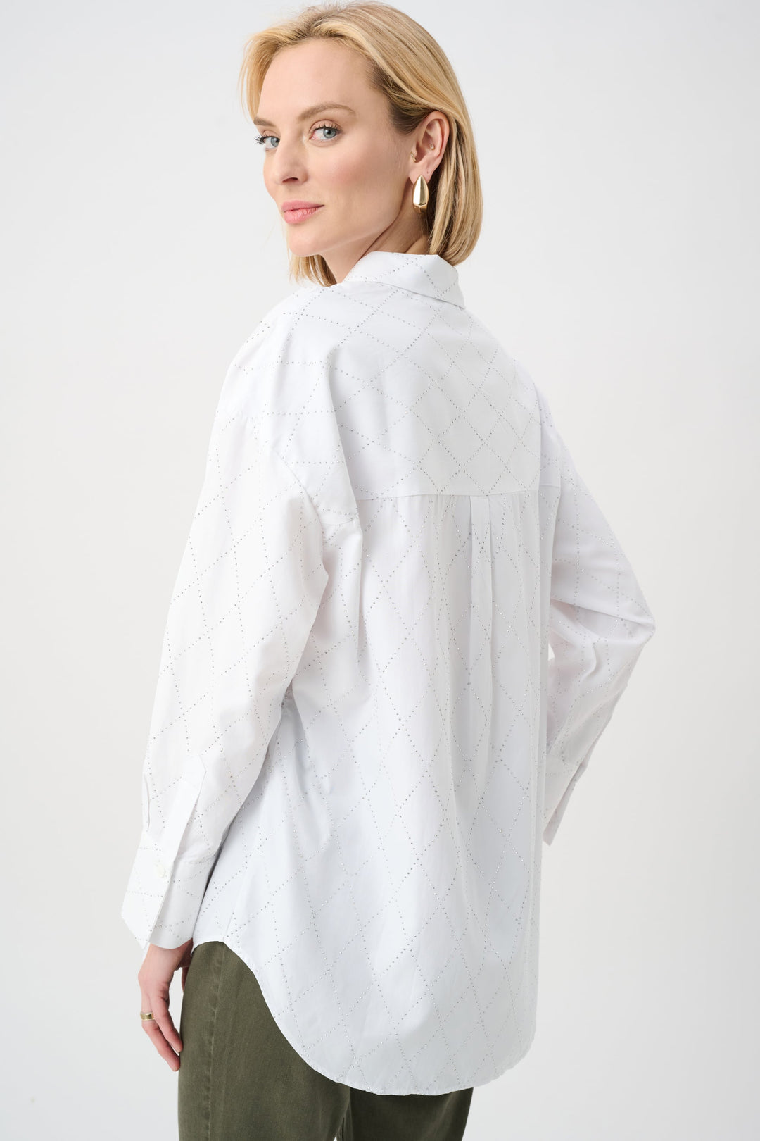Vanilla boxy Tencel blouse with diamond rhinestone dot pattern, back view