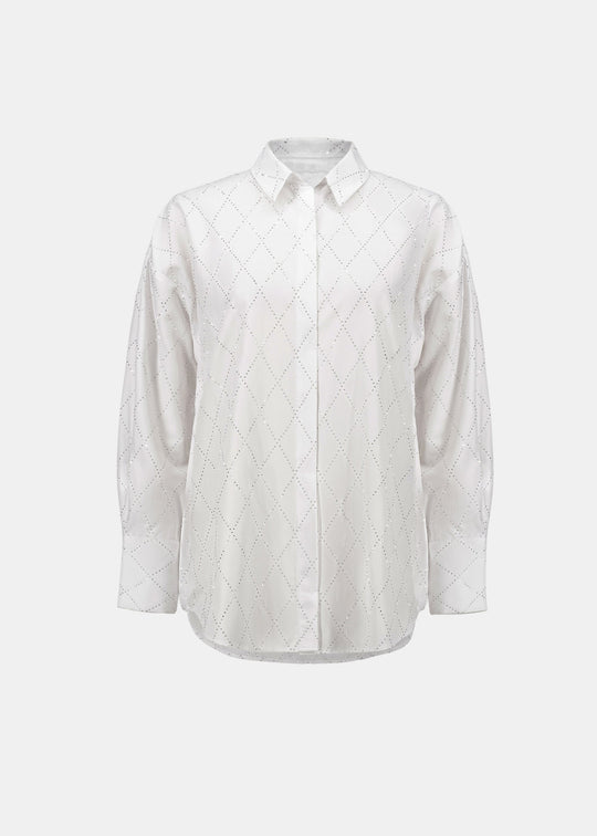 Boxy Tencel blouse in vanilla with allover diamond rhinestone dot pattern