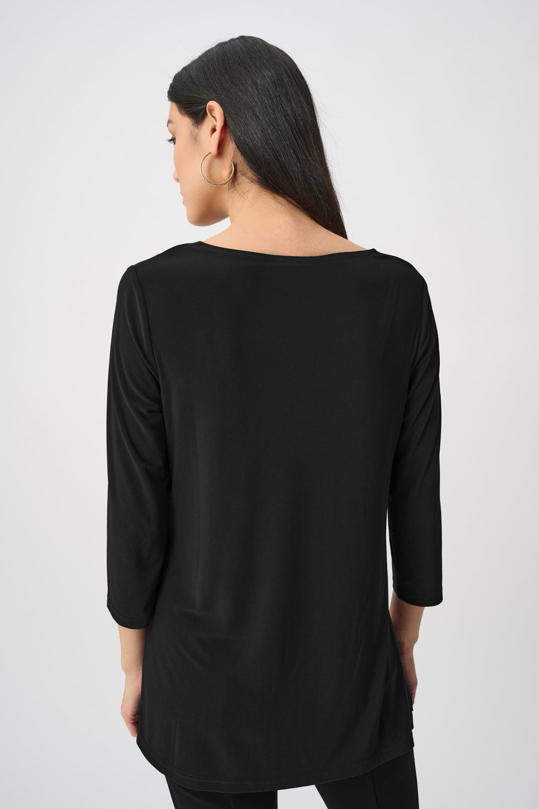 Black silky knit tunic back view with straight fit and 3/4 sleeves