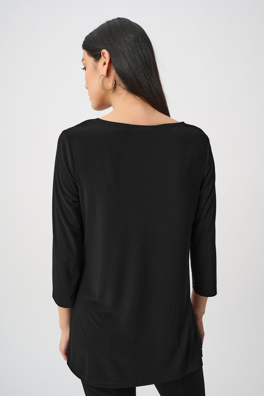 Black silky knit tunic back view with straight fit and 3/4 sleeves