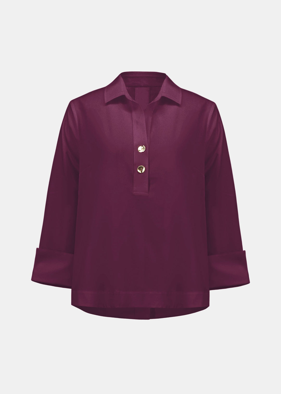 Joseph Ribkoff elderberry stretch poplin boxy shirt collar top with half placket and turnback cuffs