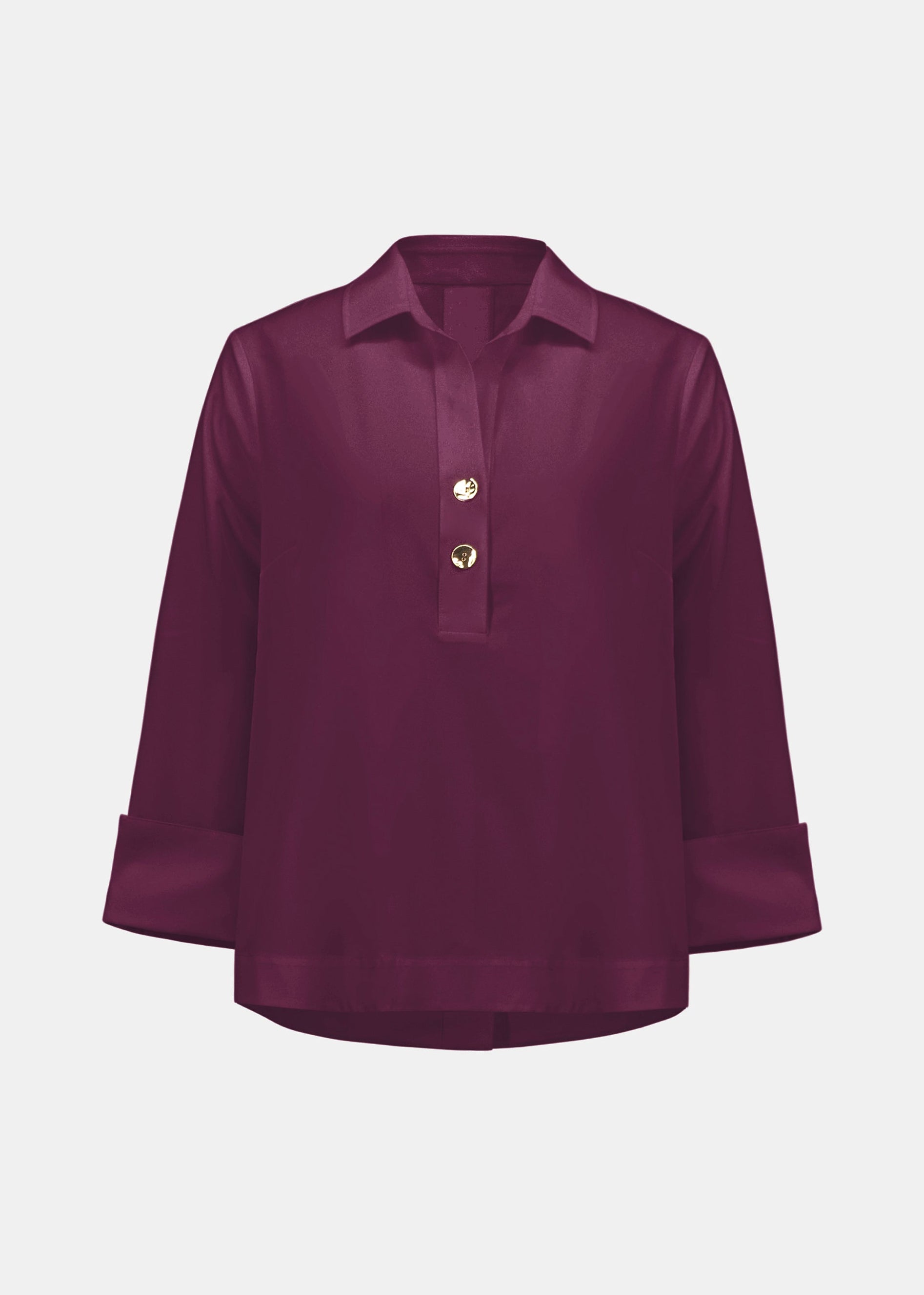 Joseph Ribkoff elderberry stretch poplin boxy shirt collar top with half placket and turnback cuffs