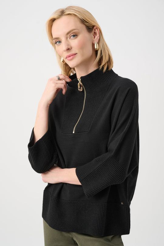 Black brushed viscose zip funnel-neck 3/4 sleeve sweater with ribbed cuffs