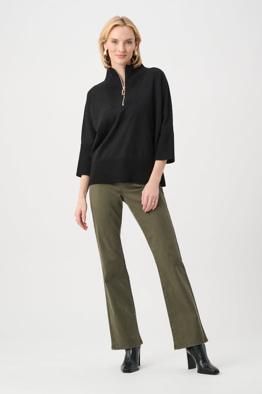 Black half-zip funnel-neck sweater with 3/4 sleeves