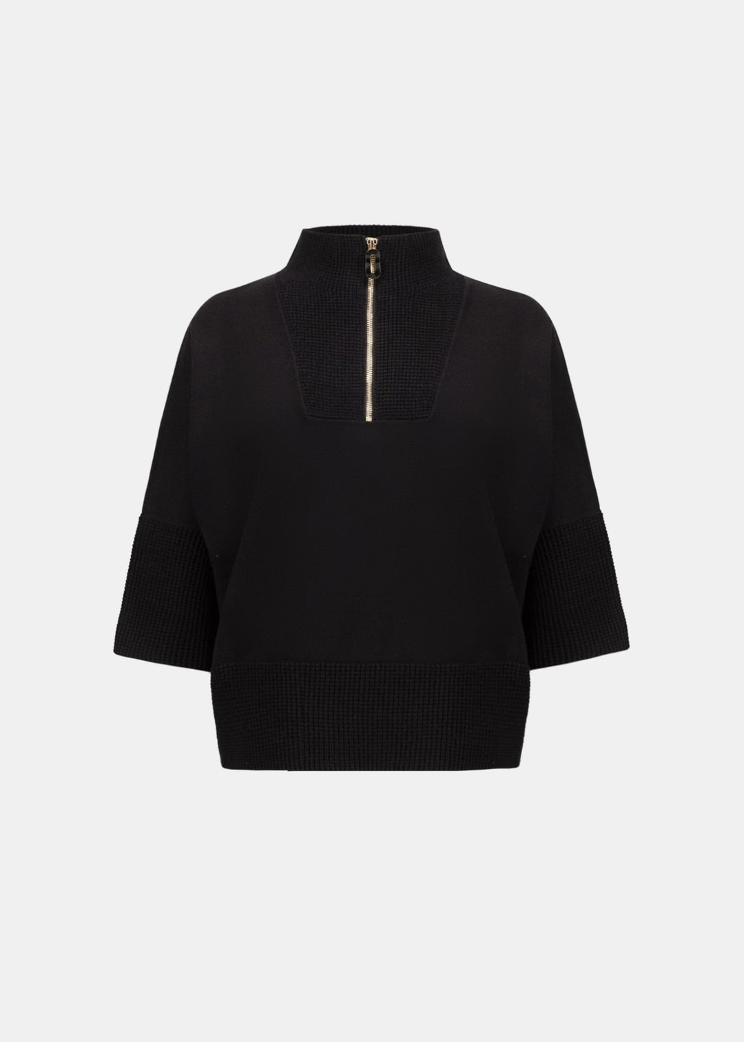 Black zip funnel-neck sweater with 3/4 sleeves and gold-tone zipper