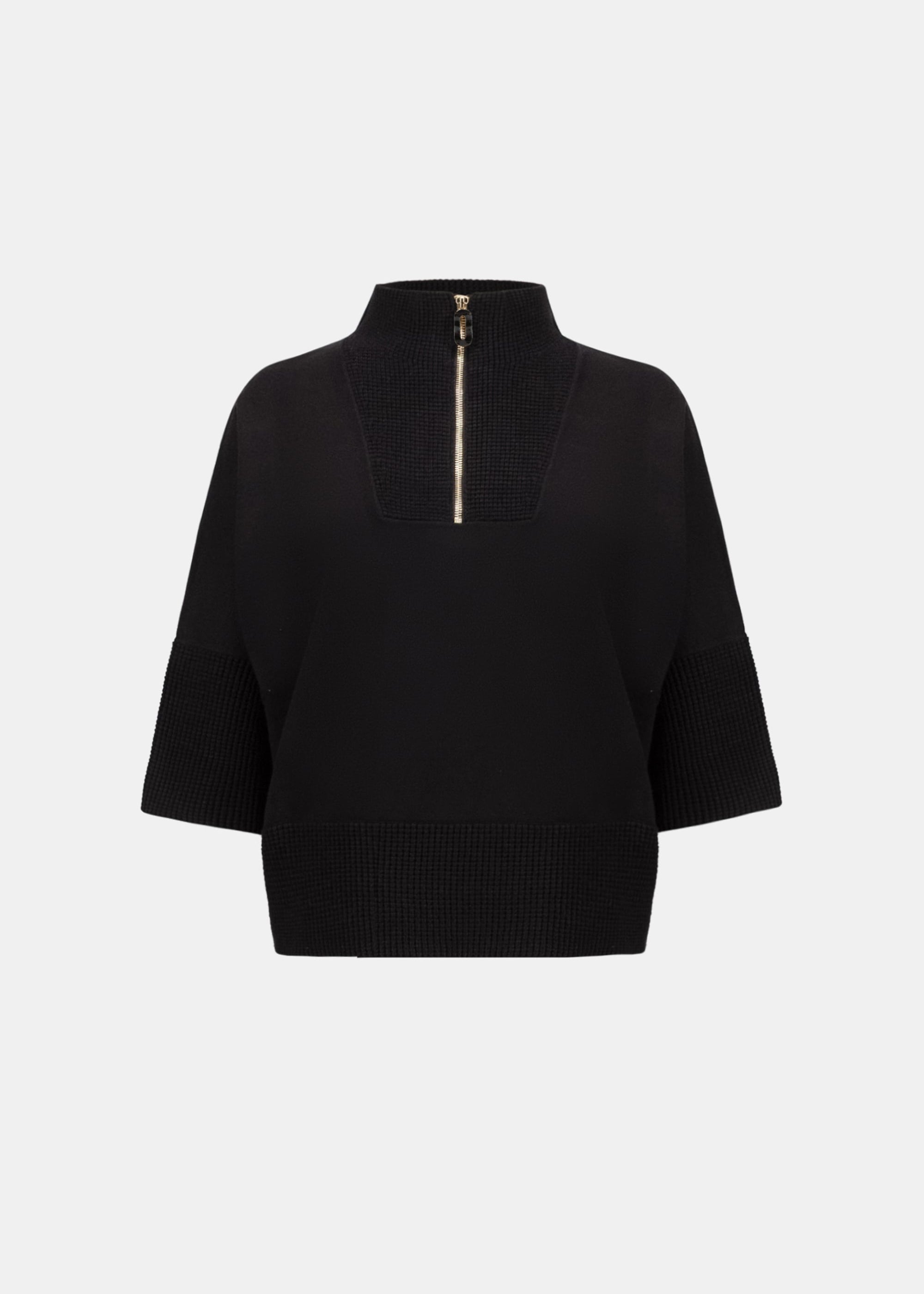 Black zip funnel-neck sweater with 3/4 sleeves and gold-tone zipper
