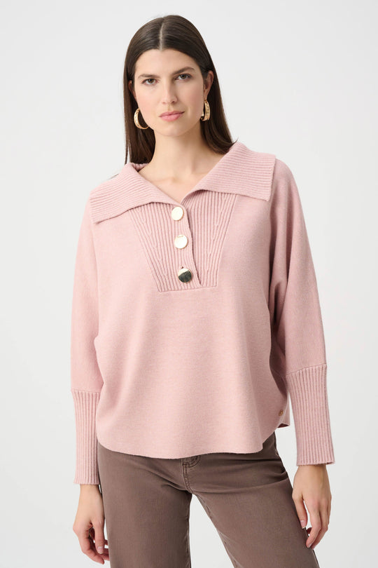 Blush melange knit sweater with shawl collar and front metal button details