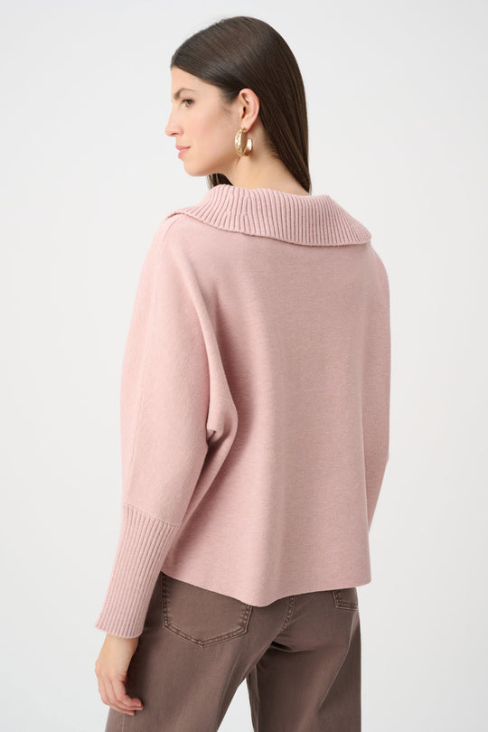 Blush melange knit sweater with ribbed shawl collar and long sleeves