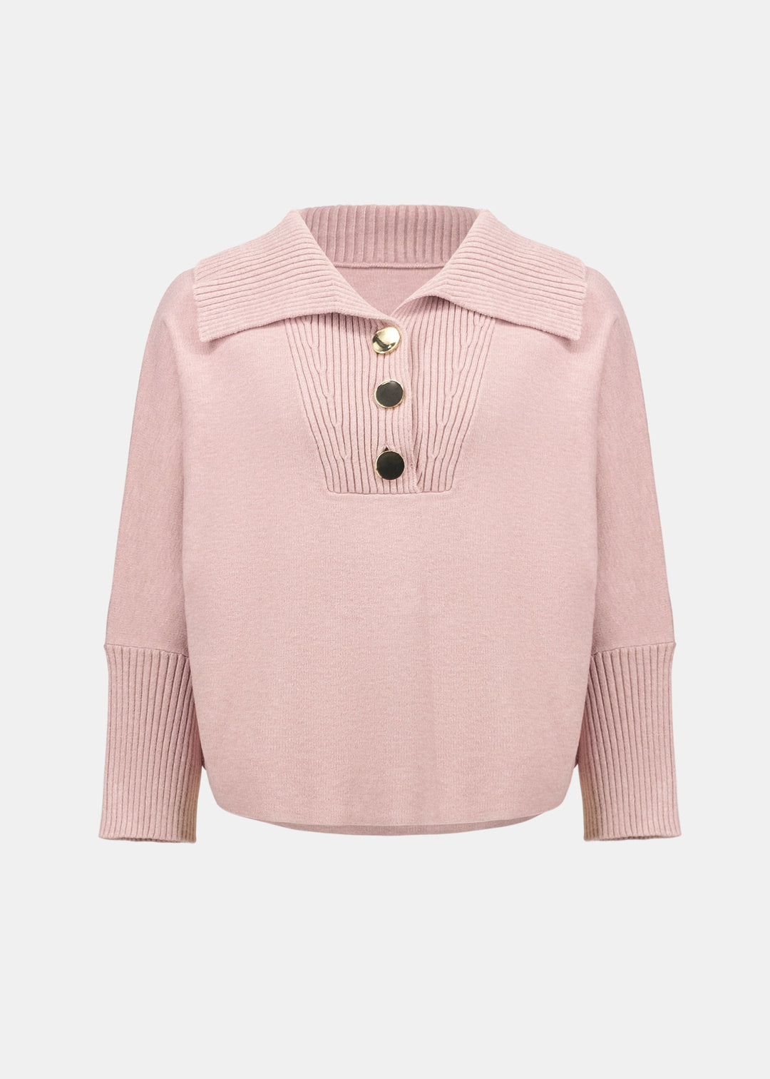Blush melange knit sweater with shawl collar, ribbed cuffs, and metal button placket