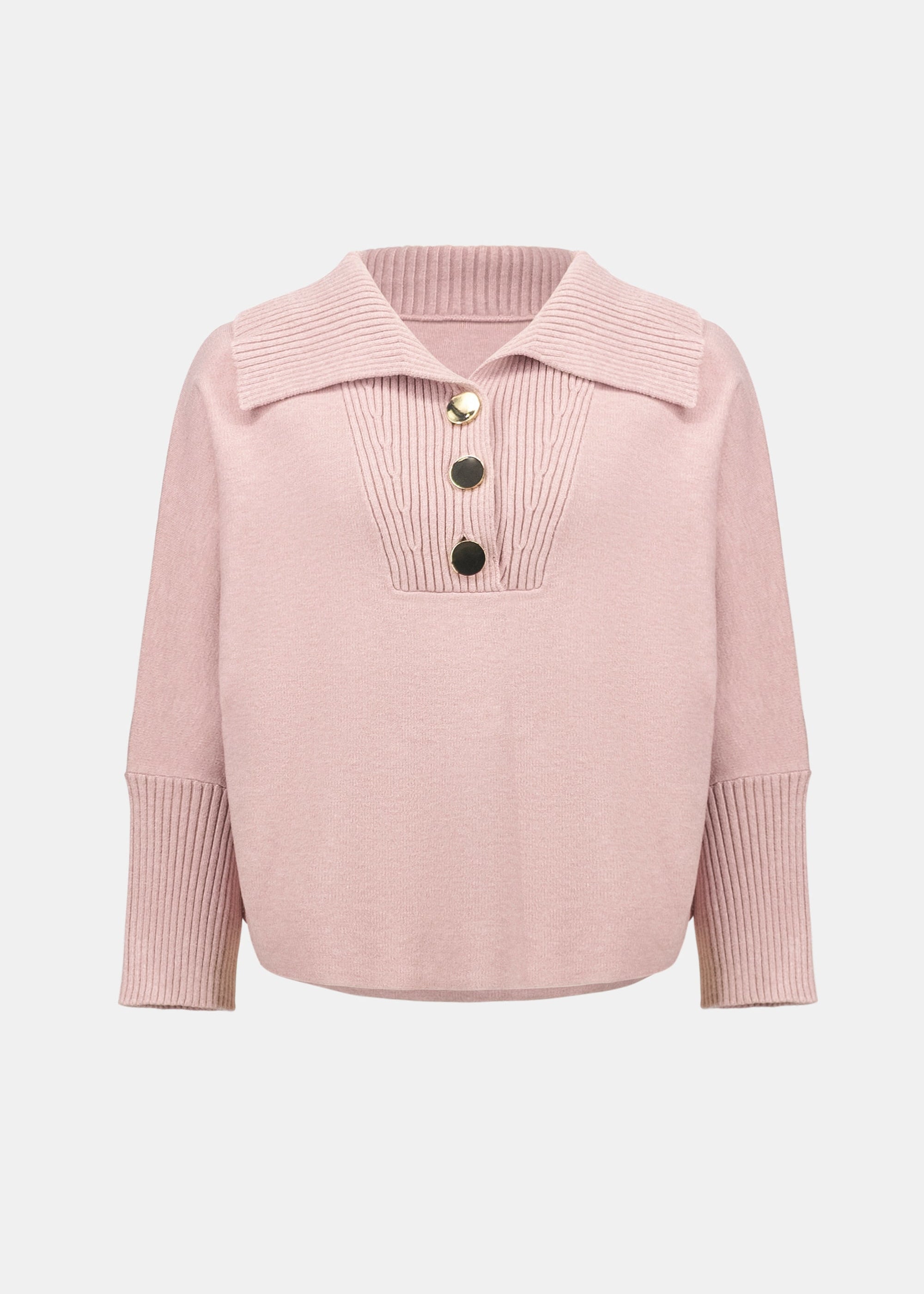 Blush melange knit sweater with shawl collar, ribbed cuffs, and metal button placket
