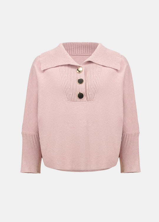 Blush melange knit sweater with shawl collar, ribbed cuffs, and metal button placket