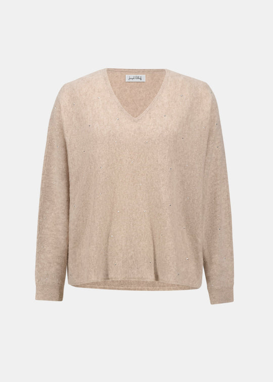 Cashmere boxy V-neck sweater in oatmeal melange