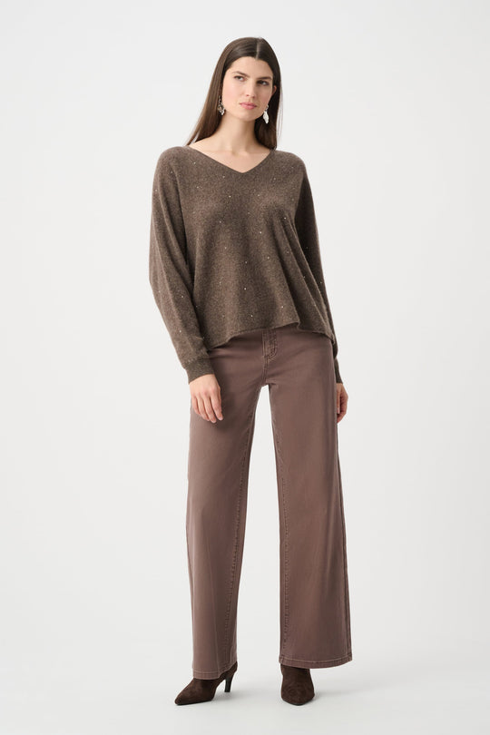 Dark taupe melange V-neck boxy cashmere sweater with rhinestone accents, long sleeves