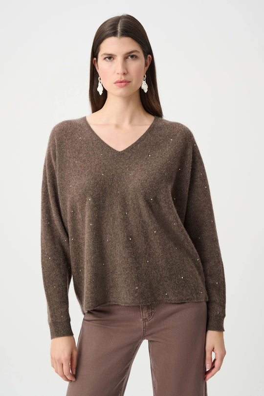 Long-sleeve V-neck cashmere sweater with rhinestone accents in dark taupe melange