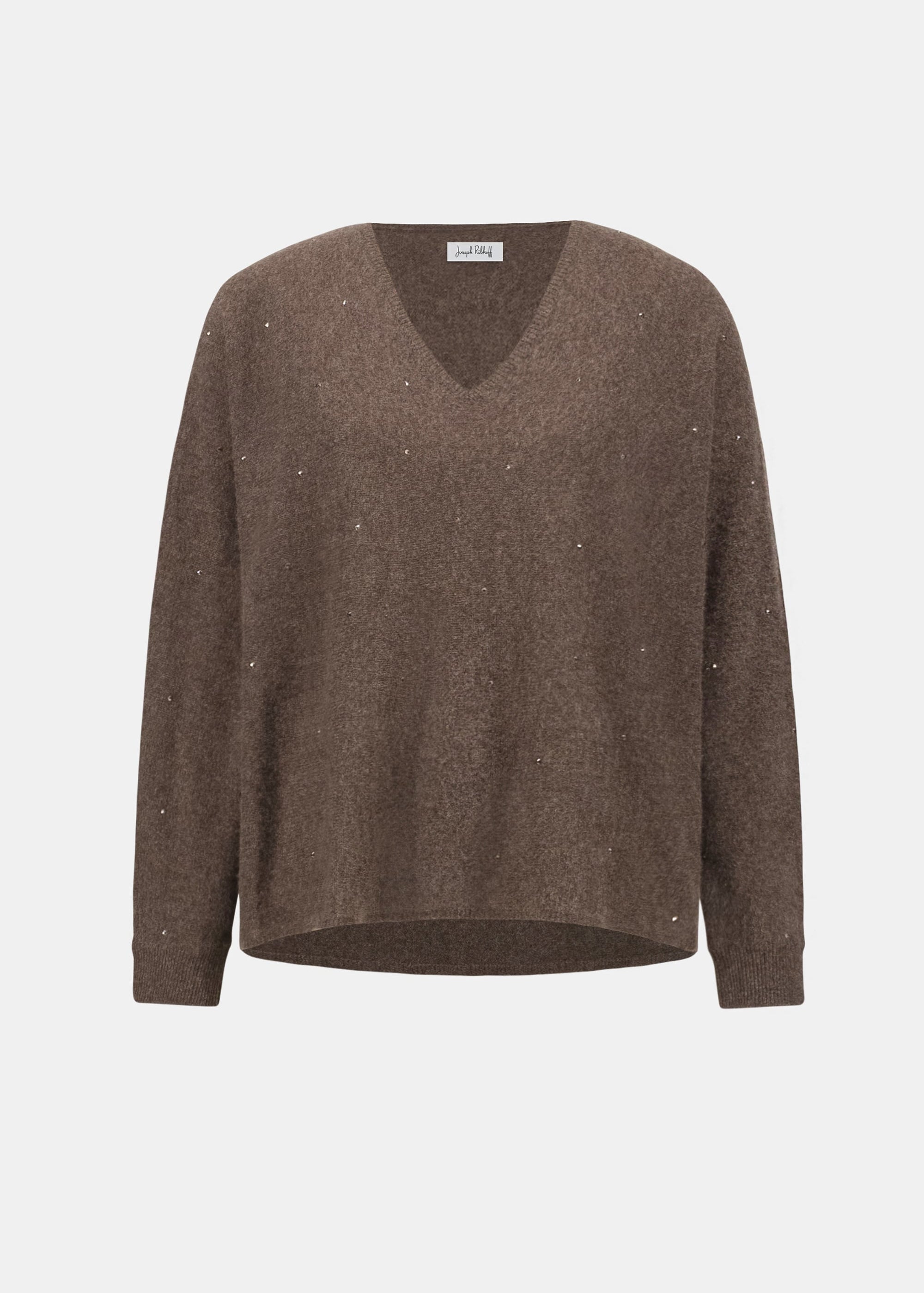 Dark taupe melange V-neck cashmere sweater with rhinestone-speckled finish