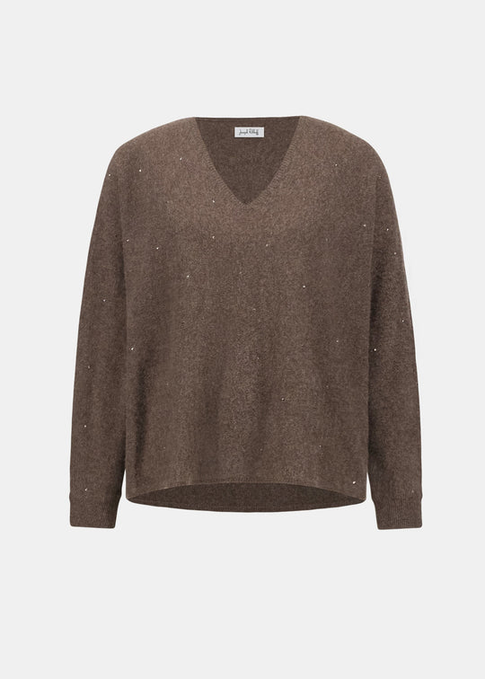 Dark taupe melange V-neck cashmere sweater with rhinestone-speckled finish