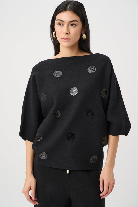 Black sequin dot embroidered sweater with elbow-length batwing sleeves