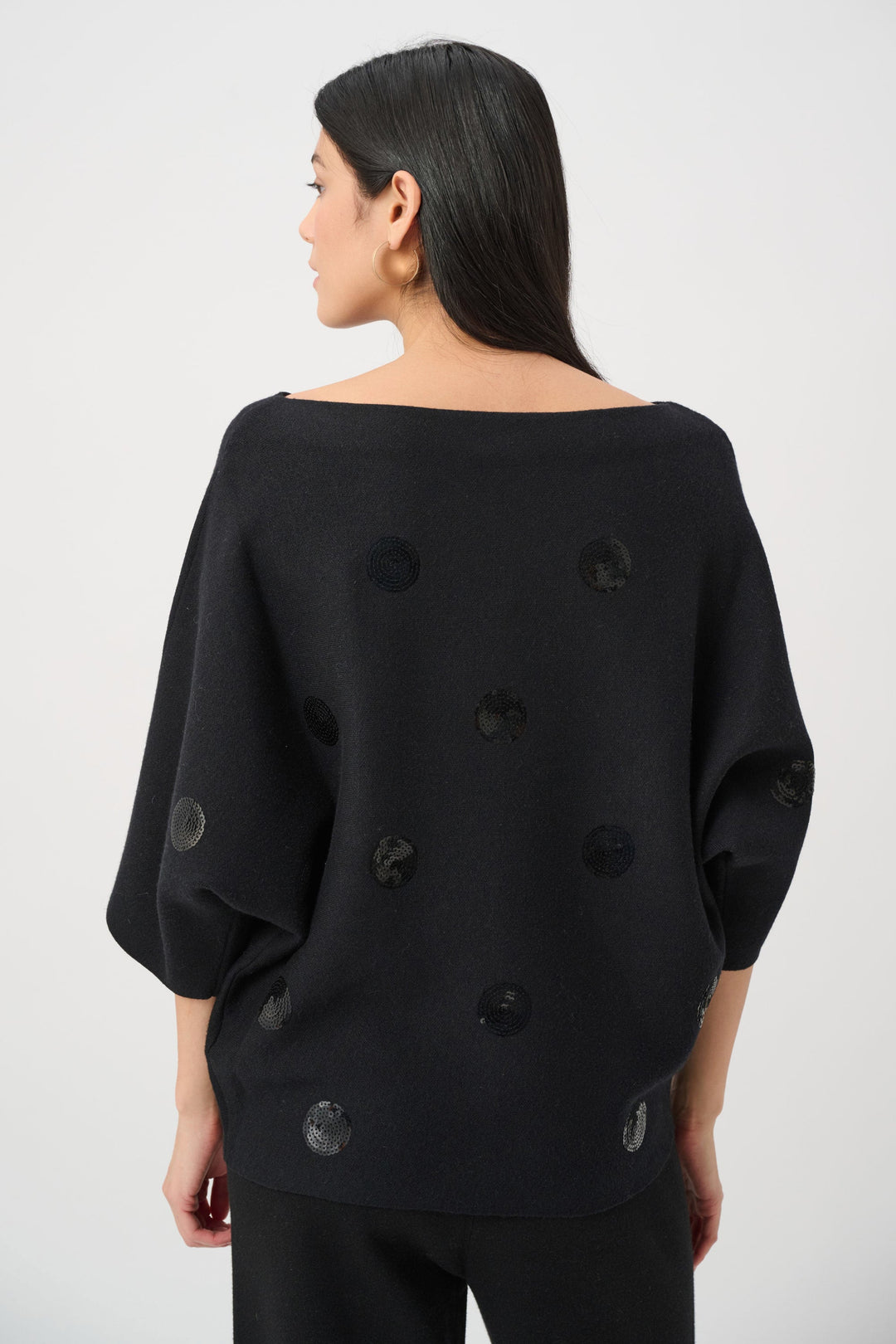 Black sequin dot embroidered sweater with wide batwing back