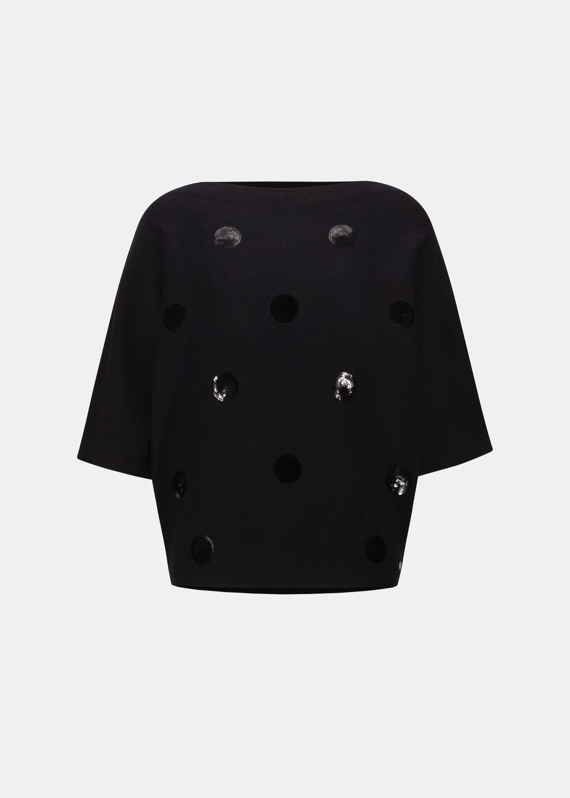 Black sequin dot embroidered sweater top, short batwing sleeves