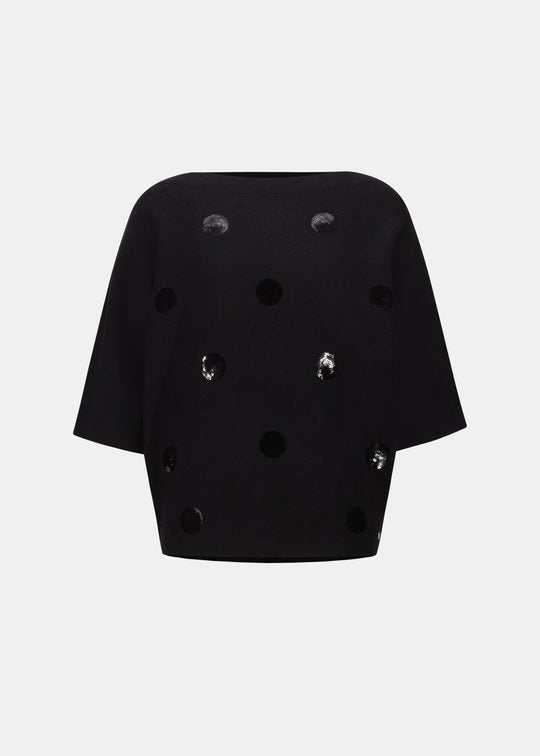 Black sequin dot embroidered sweater top, short batwing sleeves