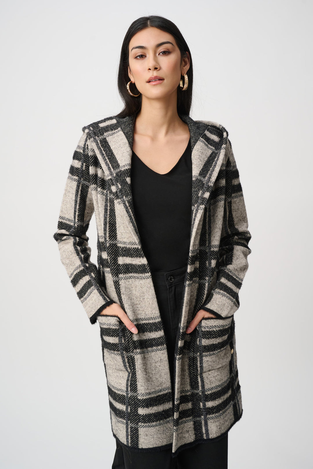 Plaid hooded jacket with brushed texture, black and champagne stripes, open front