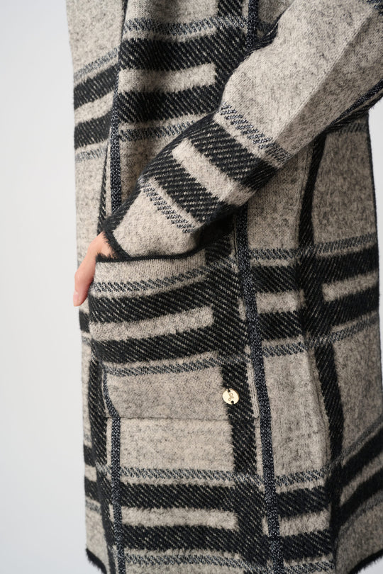 Plaid hooded jacket pocket and front detail, brushed black-and-champagne fabric