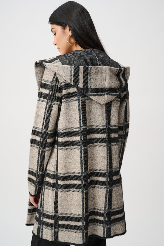 Plaid hooded jacket back view with hood and long sleeves, black and champagne plaid