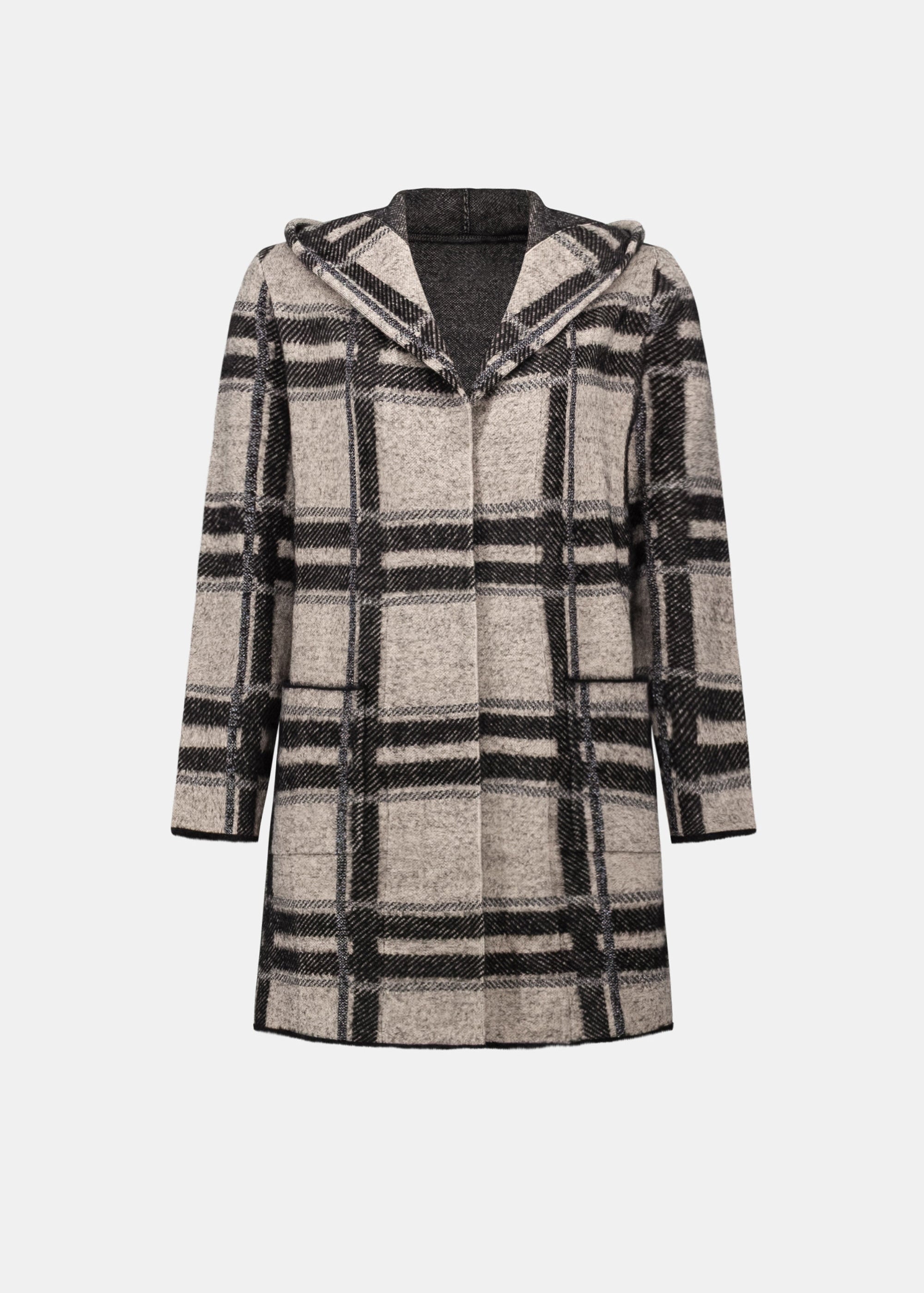 Joseph Ribkoff hooded plaid jacket in champagne and black brushed jacquard