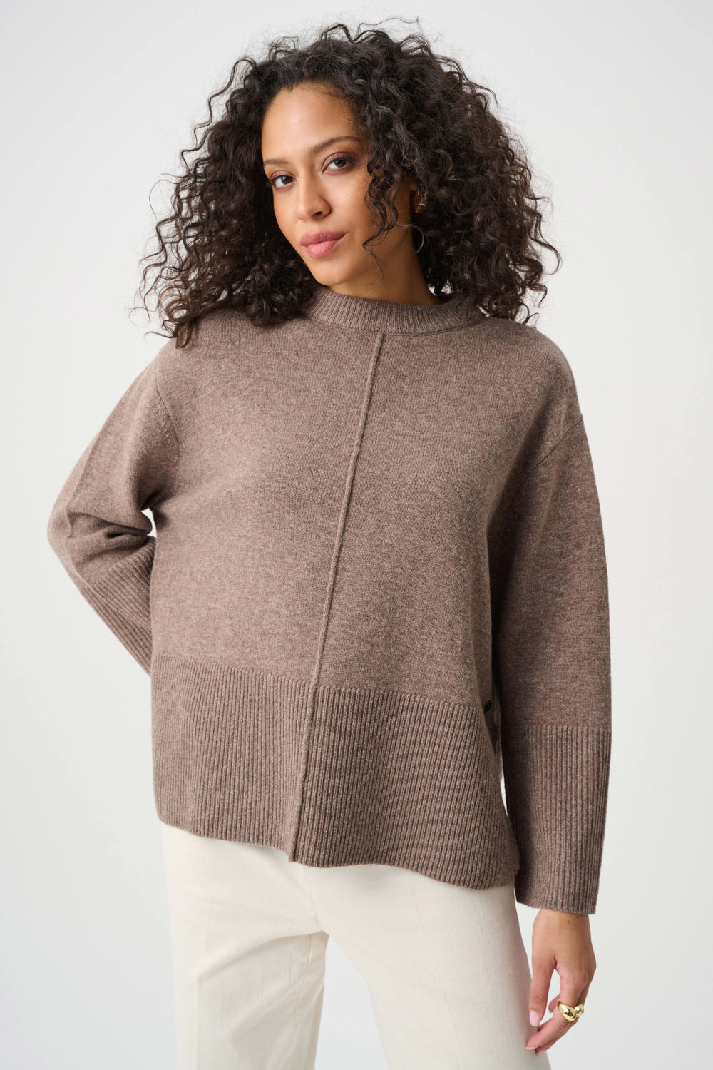 Mink wool boxy crewneck sweater with button-back placket and ribbed hem