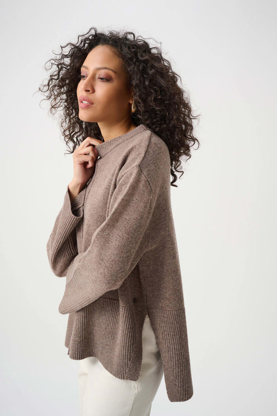 Mink wool boxy crewneck sweater with side slit hem and ribbed cuffs