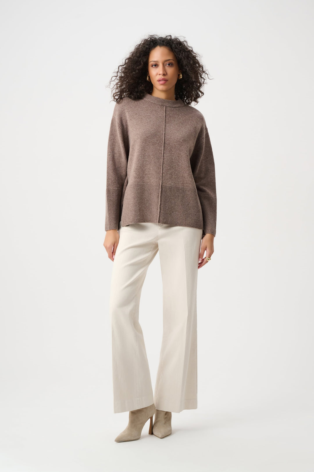 Mink wool boxy crewneck sweater with vertical button-back seam and ribbed hem