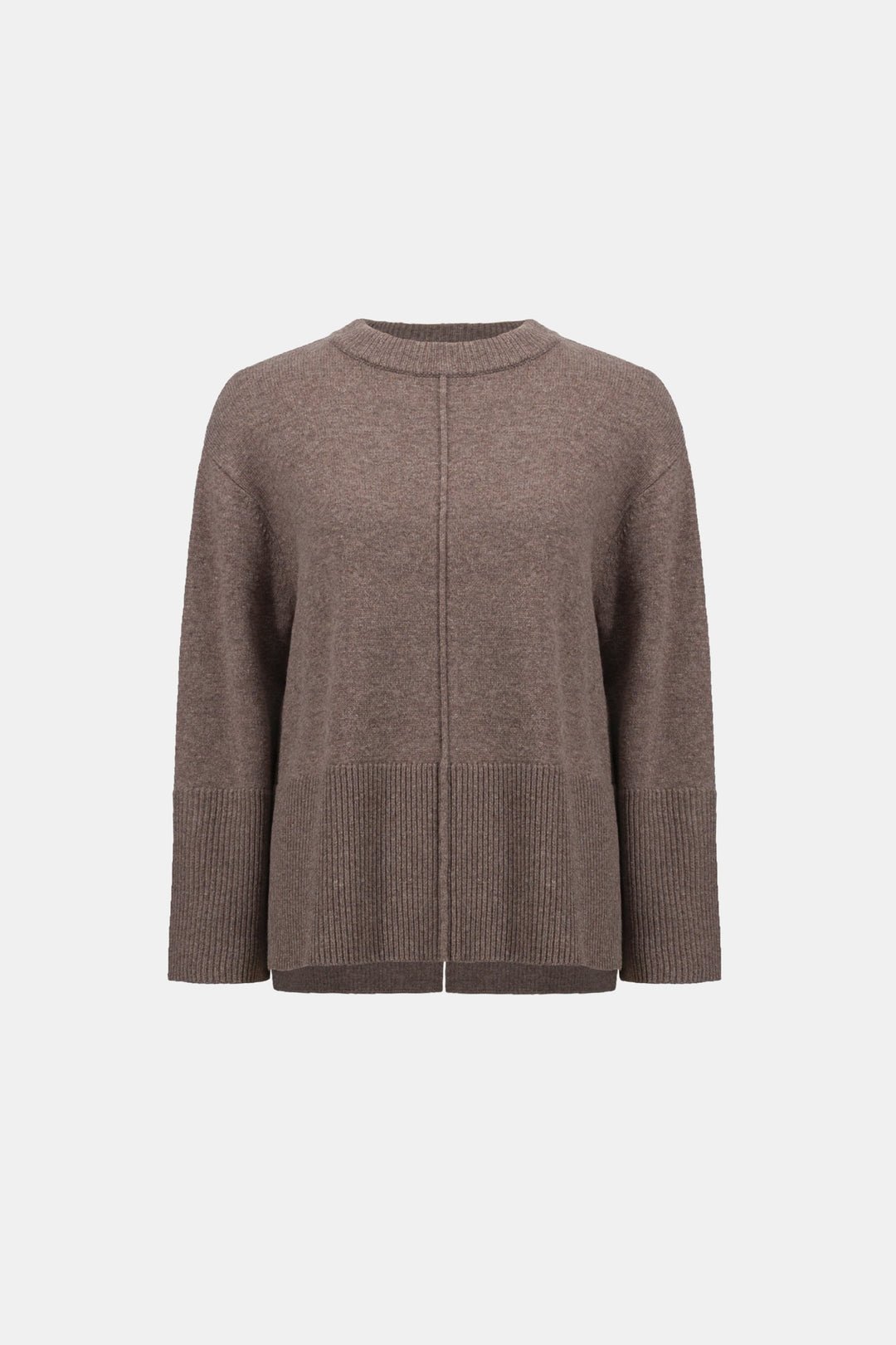 Mink wool crewneck sweater with center seam and ribbed cuffs and hem