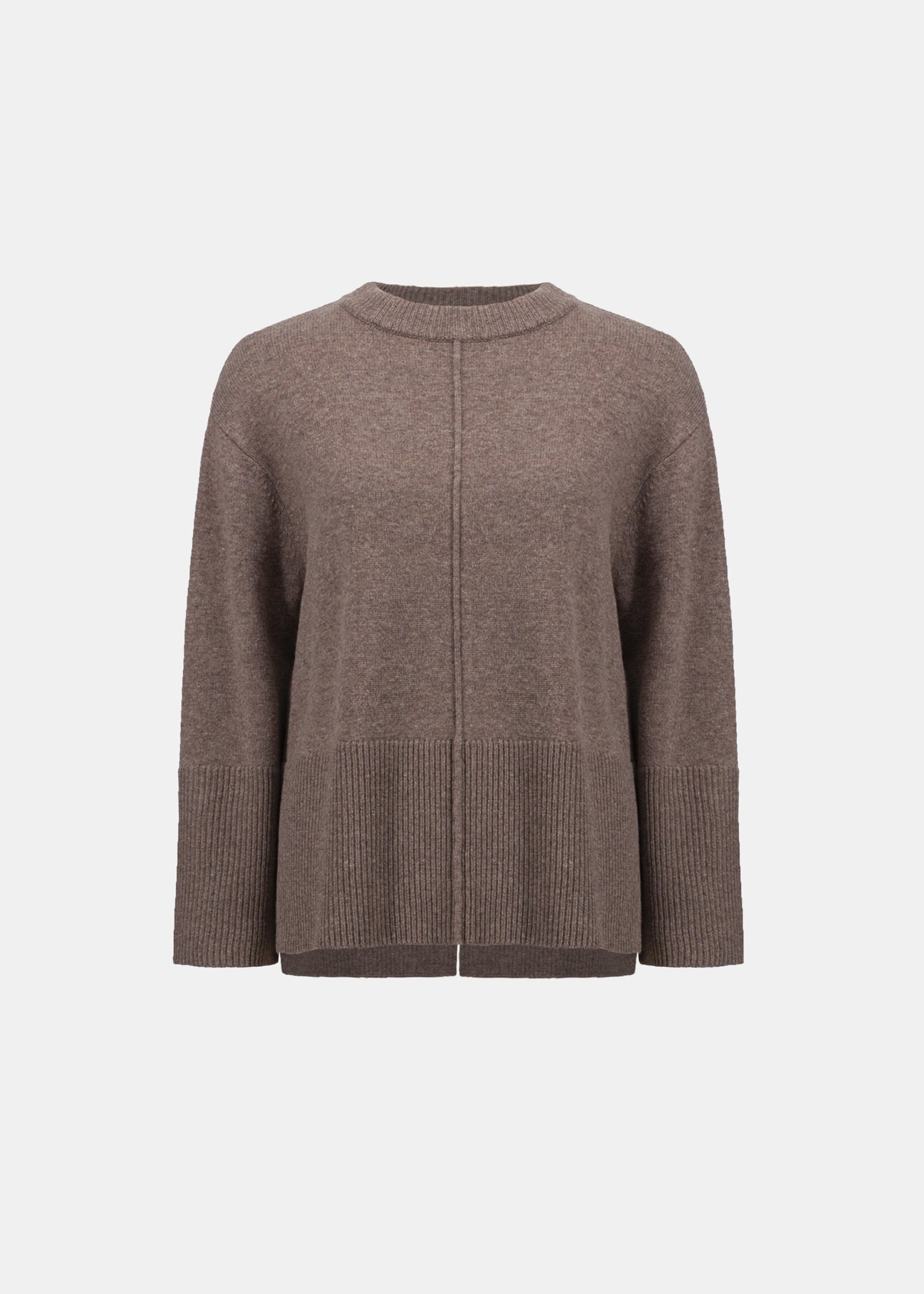 Mink wool crewneck sweater with center seam and ribbed cuffs and hem