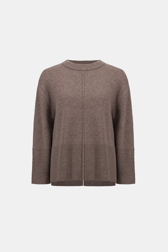 Mink wool crewneck sweater with center seam and ribbed cuffs and hem