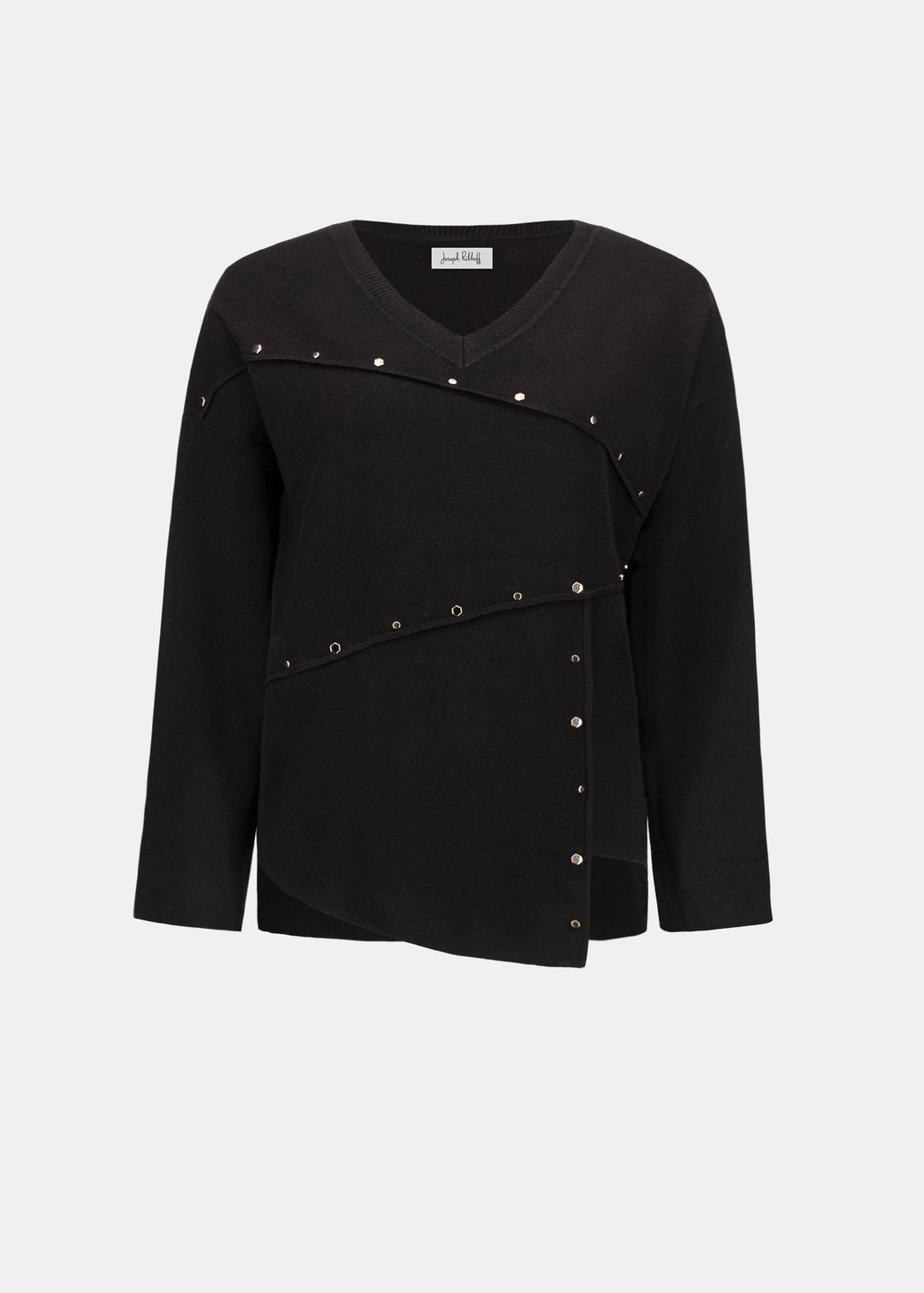 Black sweater with gold buttons on a white background