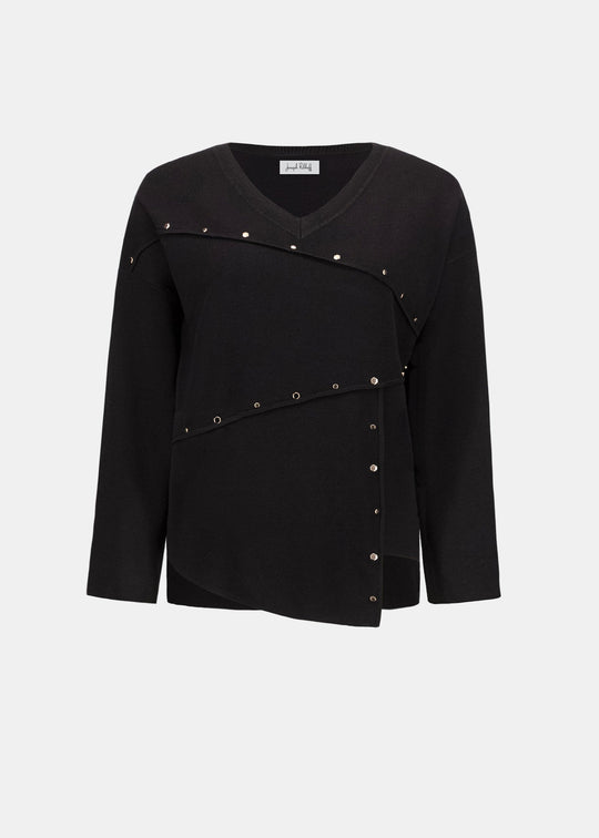Black sweater with gold buttons on a white background