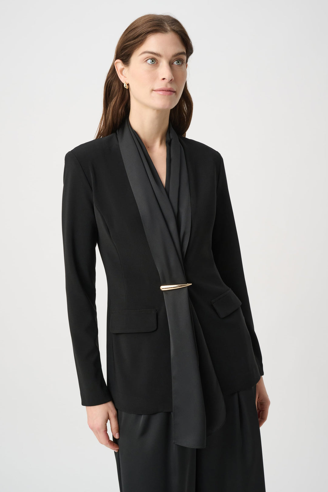 Black scarf-collar blazer jacket with gold bar front closure