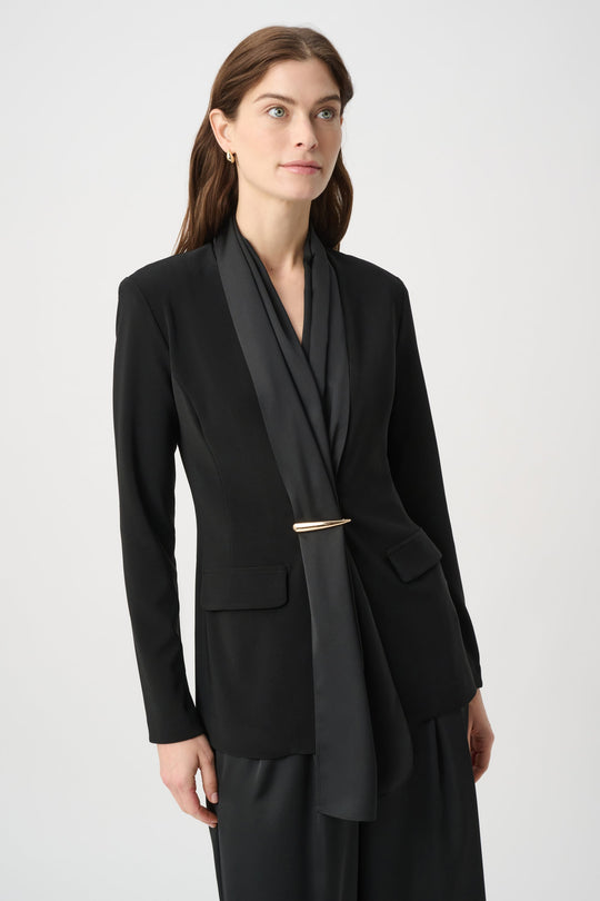 Black scarf-collar blazer jacket with gold bar front closure