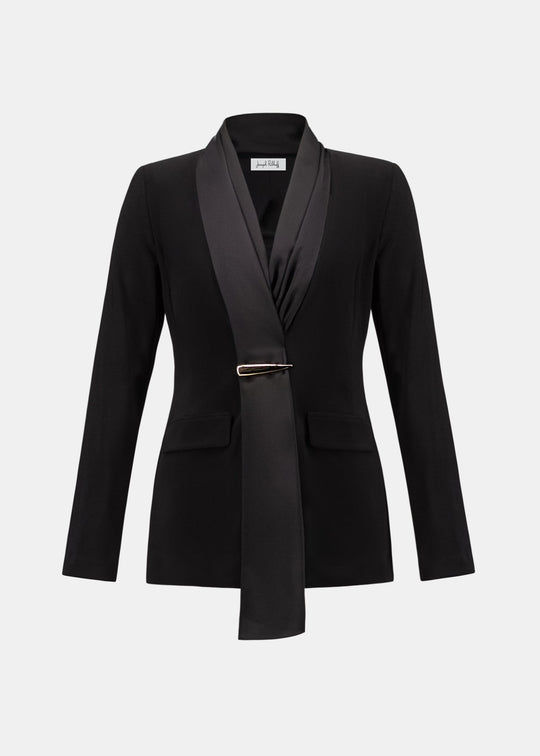 Black scarf-collar blazer jacket with gold bar closure and welt pockets