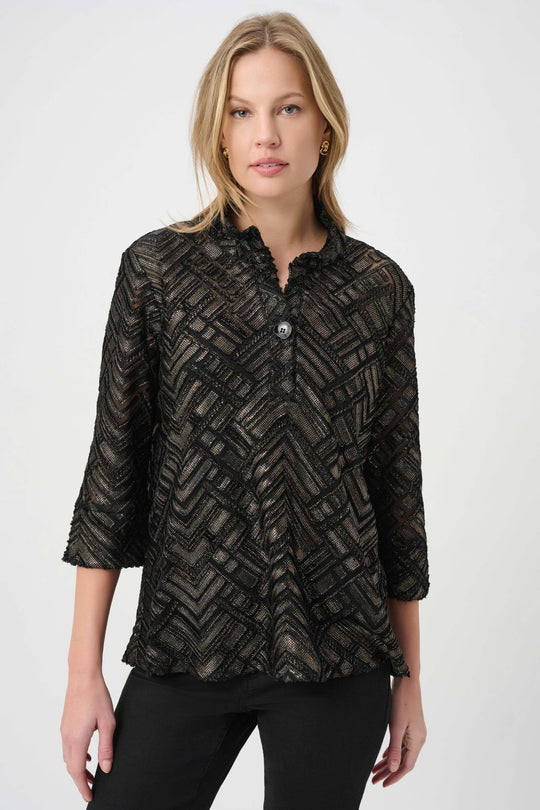 Women's black-and-bronze geometric burnout jacket with stand collar and button front