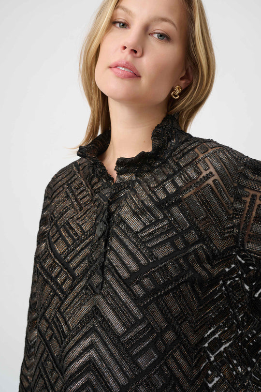 Women's black-and-bronze burnout jacket detail, stand collar and textured geometric pattern