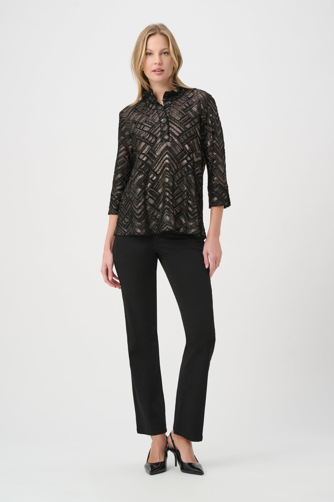 Women's trapeze jacket with stand collar, black base and bronze zigzag burnout pattern
