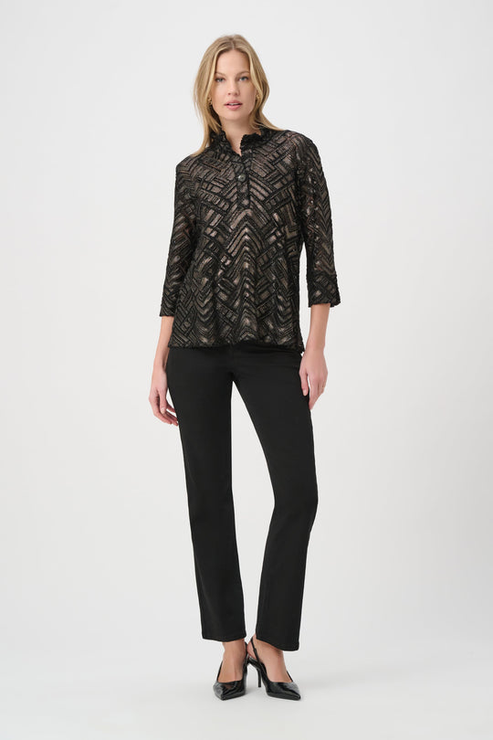 Women's trapeze jacket with stand collar, black base and bronze zigzag burnout pattern