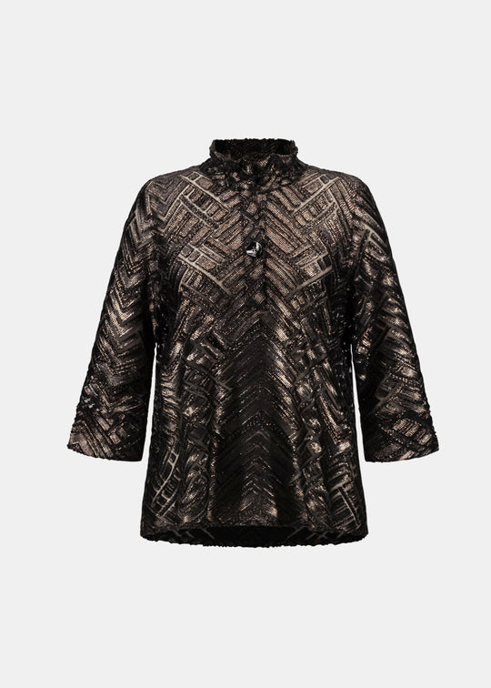 Women's black-and-bronze novelty burnout trapeze jacket, stand collar, button front
