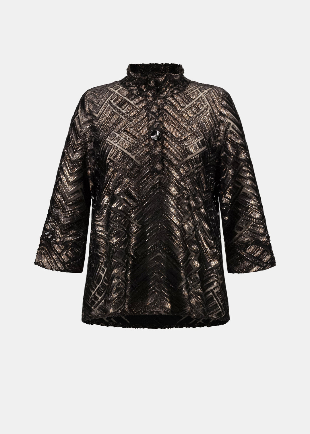 Women's trapeze jacket with stand collar, button front, black and bronze geometric burnout